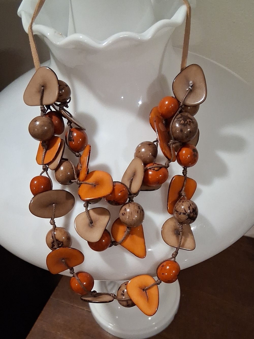 Handcrafted Orange and Brown Bead Statement Necklace Tagua Nut Suede Like